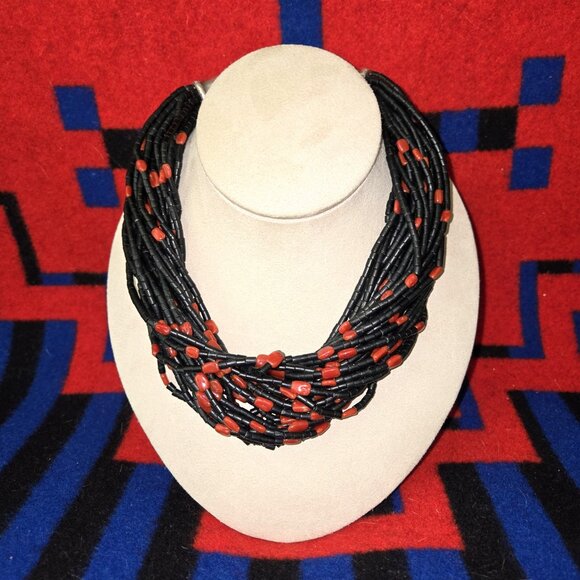 Peyote Bird 29 Strand Jet Heishi with Coral Necklace - Picture 3 of 6